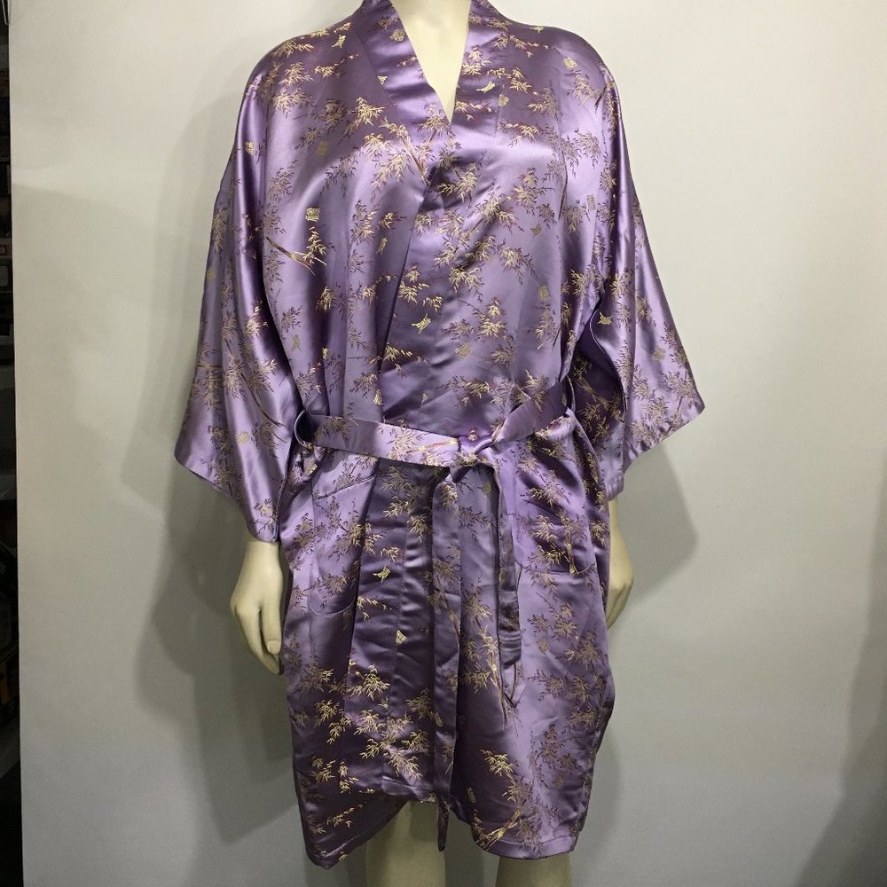 Old Shanghai Lavender Gold Satin Embroidered Kimono Robe Knee-Length One Size